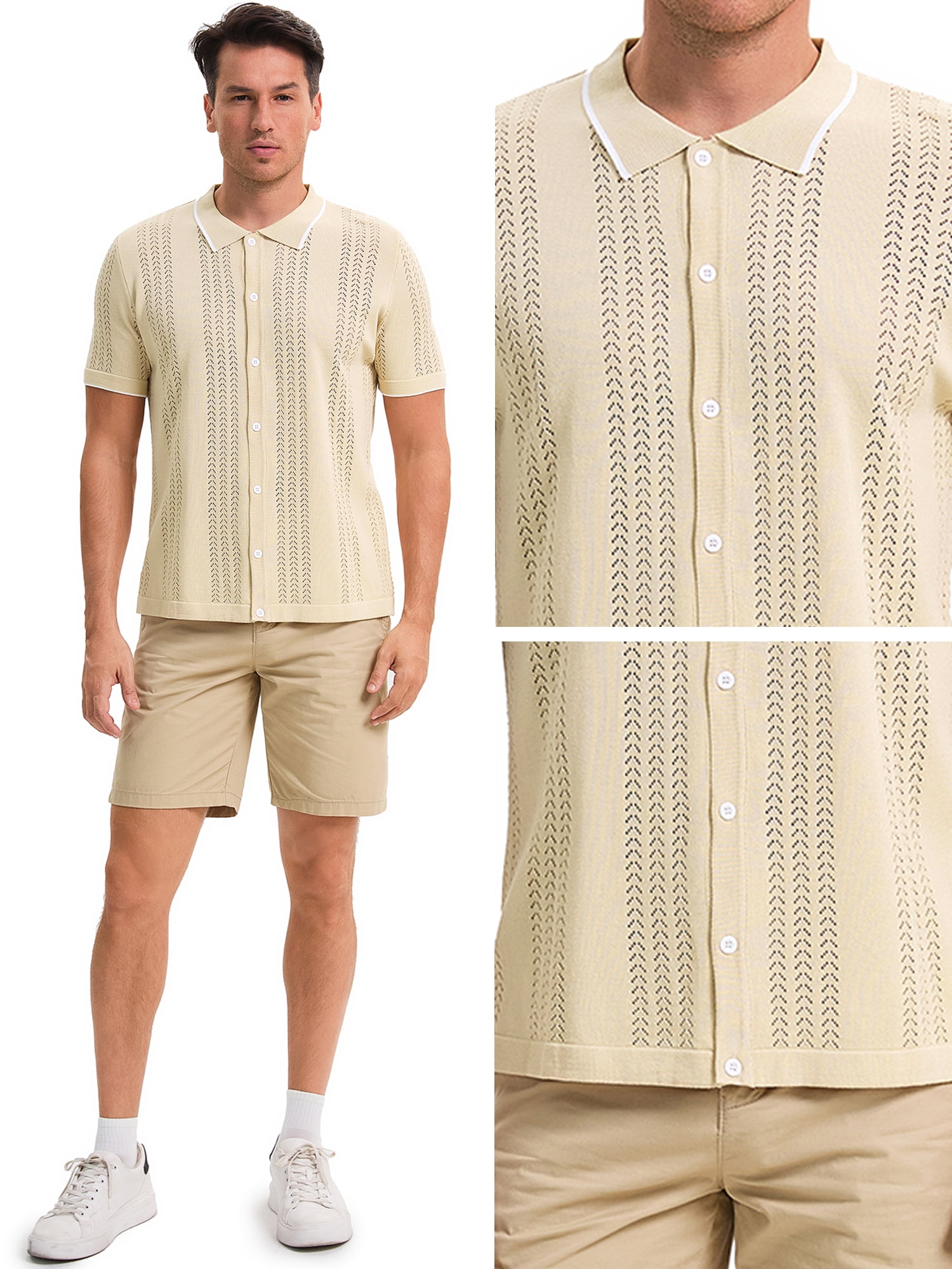 DARING DIVA Men's Knit Button Down Casual Vintage Short Sleeve Polo Shirt XL khaki