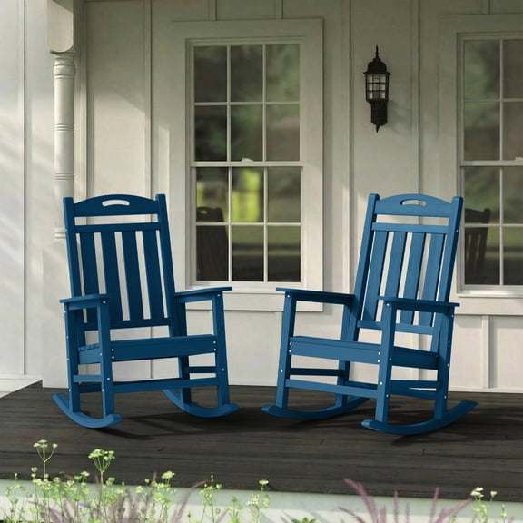 Set of 2 Outdoor Rocking Chairs, HDPE High Back Patio Rocker, Navy