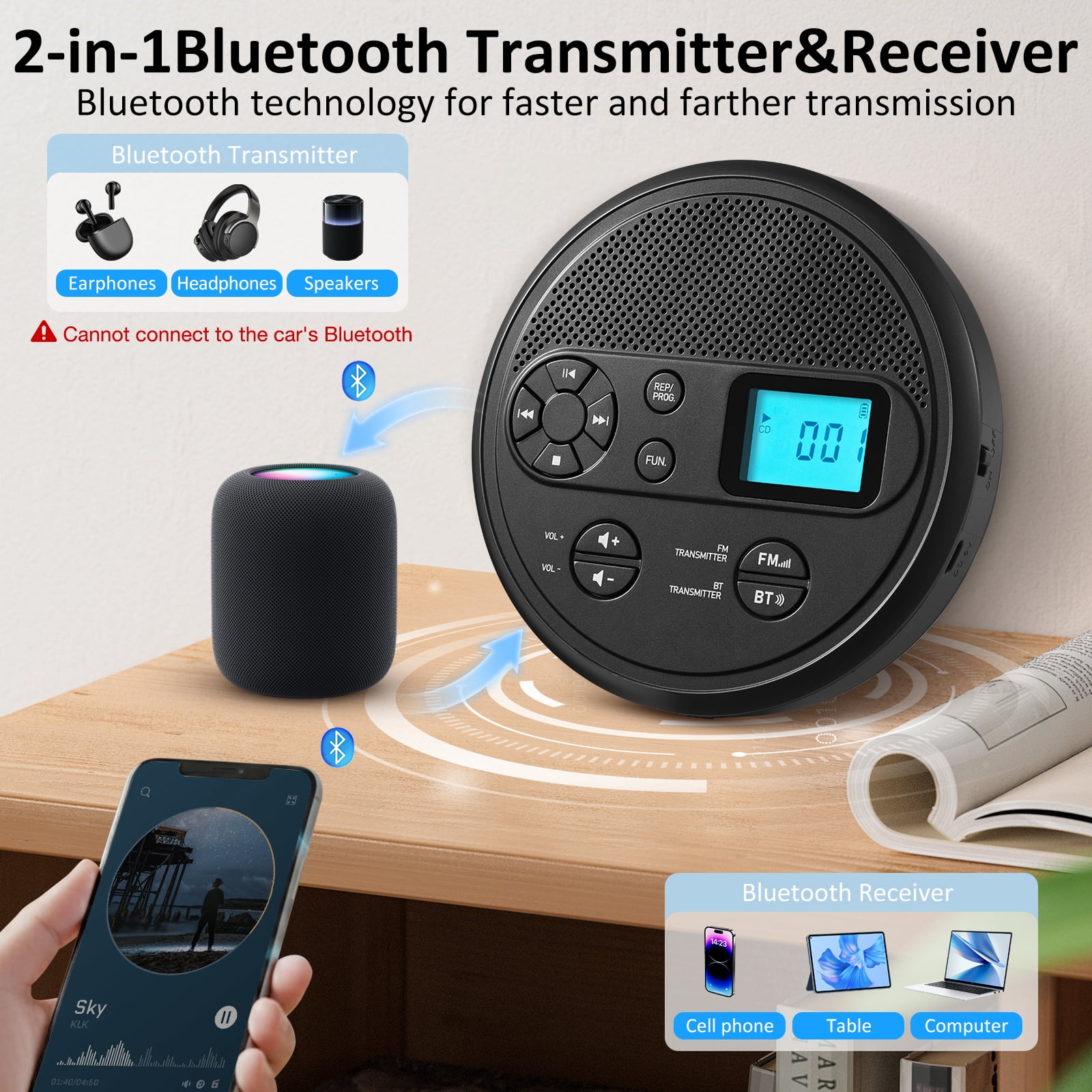 CD player Portable with Bluetooth,Rechargeable Walkman CD Player with FM Transmitter, Discman CD Player for Car.