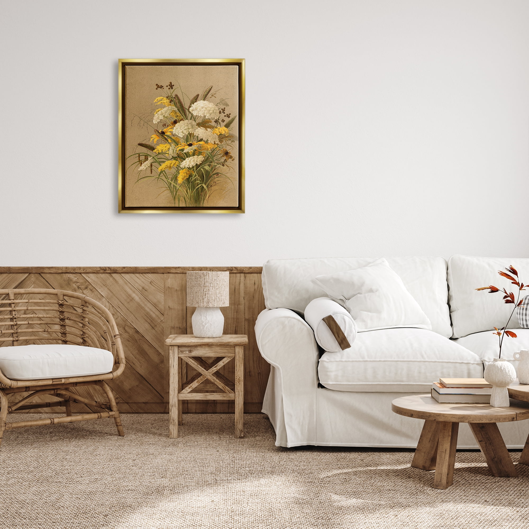 Stupell Industries Vintage Daisy Bouquet Botanical & Floral Painting Gold Floater Framed Canvas Art Print Wall Art, 25 x 31