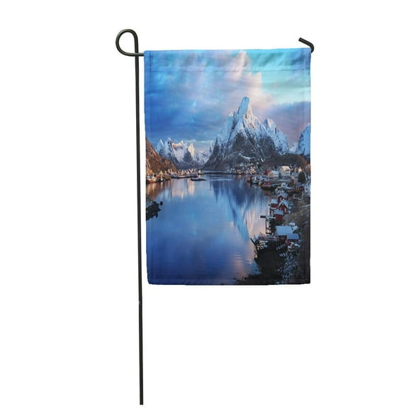 POGLIP Blue Landscape Snow in Reine Village Lofoten Islands Norway Garden Flag Decorative Flag House Banner 12x18 inch