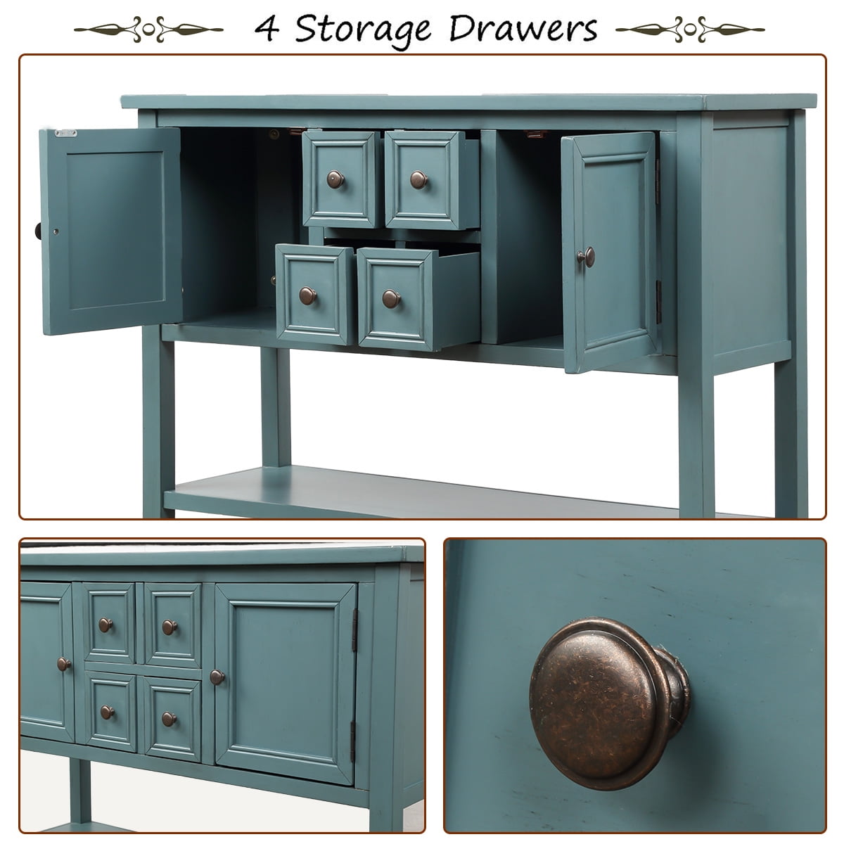 Console Table with 4 Storage Drawers,Storage Vintage Wood Buffet Sideboard Desk with 2 Cabinets and Bottom Shelf, Retro Entryway Table Cupboard for Living Room, Foyer, Hallway