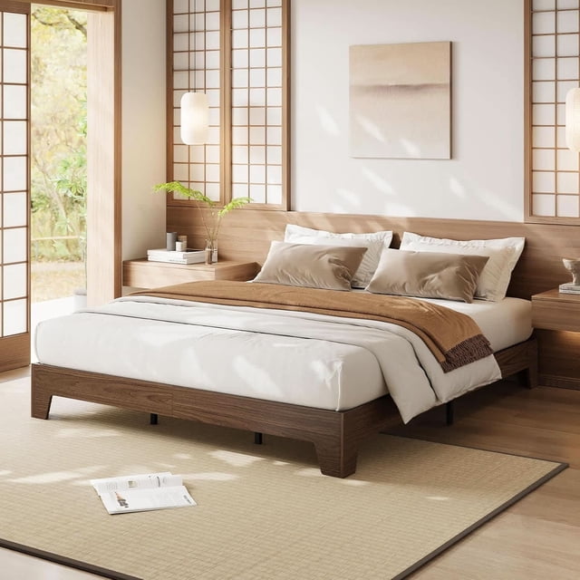 Ourlova California King Platform Bed Frame with Underbed Storage - 10.24Inch Clearance Wood and Metal Slat Support No Box Spring Needed Easy Assembly Walnut