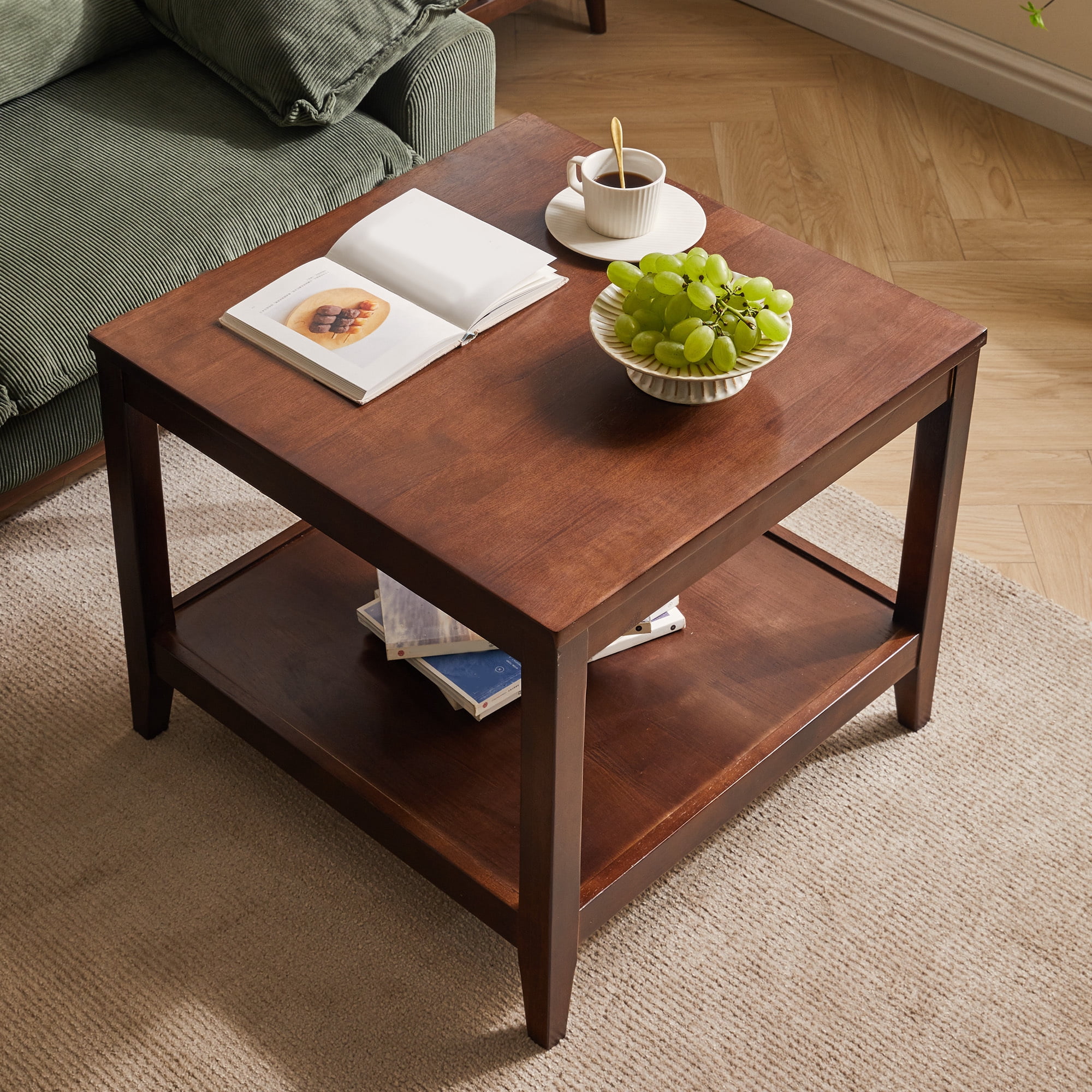 Leumius 2-Tier End Table Wooden Square Side Table with Storage Shelf,24"W Nightstand for Living Room Bedroom,Walnut
