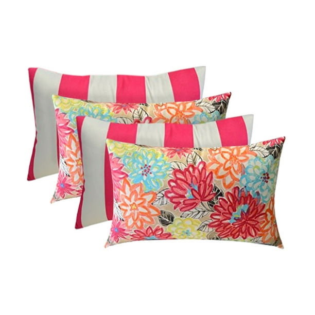 Set Of 4 Indoor Outdoor Decorative Rectangle Lumbar Throw Toss Pillows Yellow Orange Blue Pink Bright Artistic Floral Pink And White Stripe Walmart Com Walmart Com