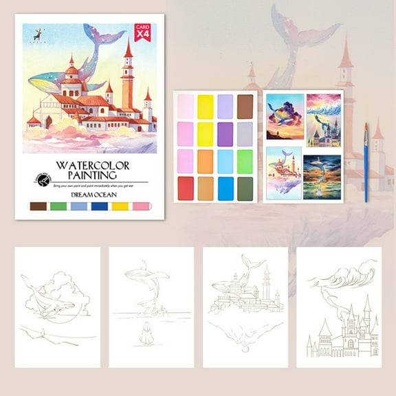 Watercolor Coloring Book Set, Portable Travel Painting Kit with Built-In Paint Palette and Brushes for Stress Relief and DIY Art A#083 A