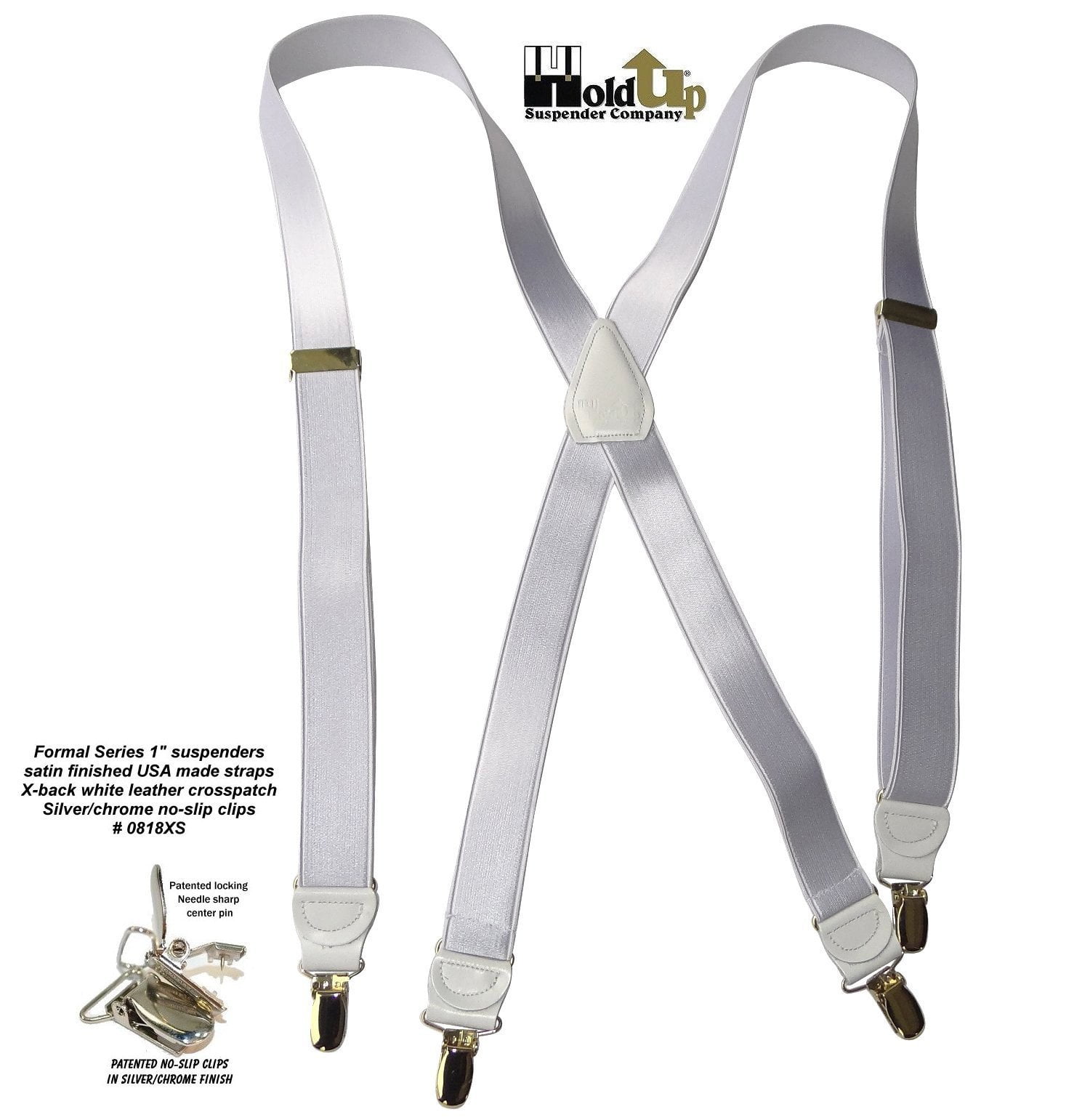 Holdup Suspender holdups xback 1" w. suspenders satin finish white, pat. noslip silver