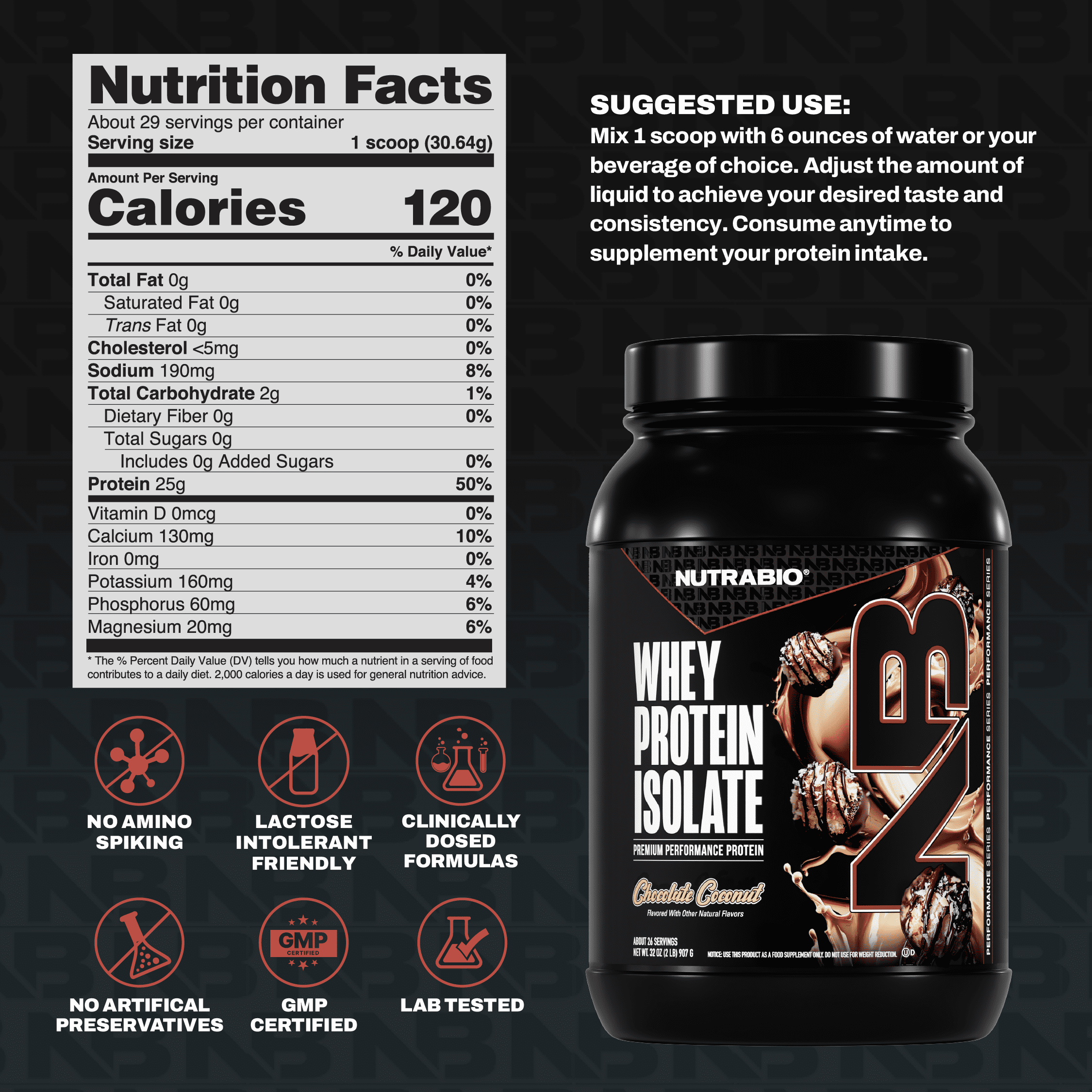 NutraBio Whey Protein Powder Isolate Supplement – 25g of Protein Per Scoop with Complete Amino Acid Profile - Soy and Gluten Free - Zero Fillers and Non-GMO - Chocolate Coconut- 2 Lbs.