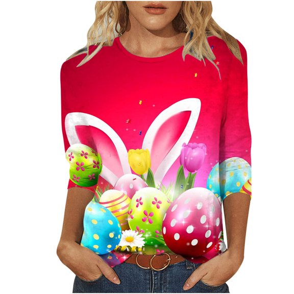 ICHUANYI Women's Tops New Trending Easter Print T-shirt 3/4 Sleeves Blouse Crew Neck Casual T Shirts Summer 2024