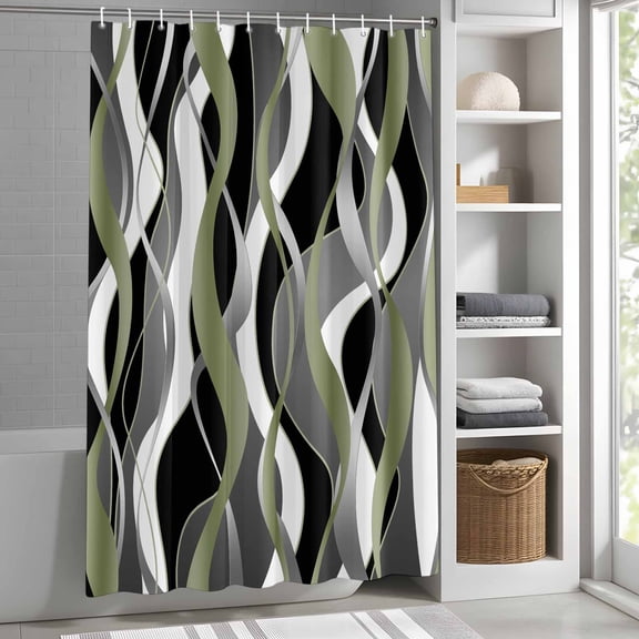 Modern Abstract Stripes Shower Curtain for Bathroom, Sage Green Black Fabric Shower Curtain Set with Hooks, Waterproof Washable Bath Curtain for Bathroom Decor, 66"x72"