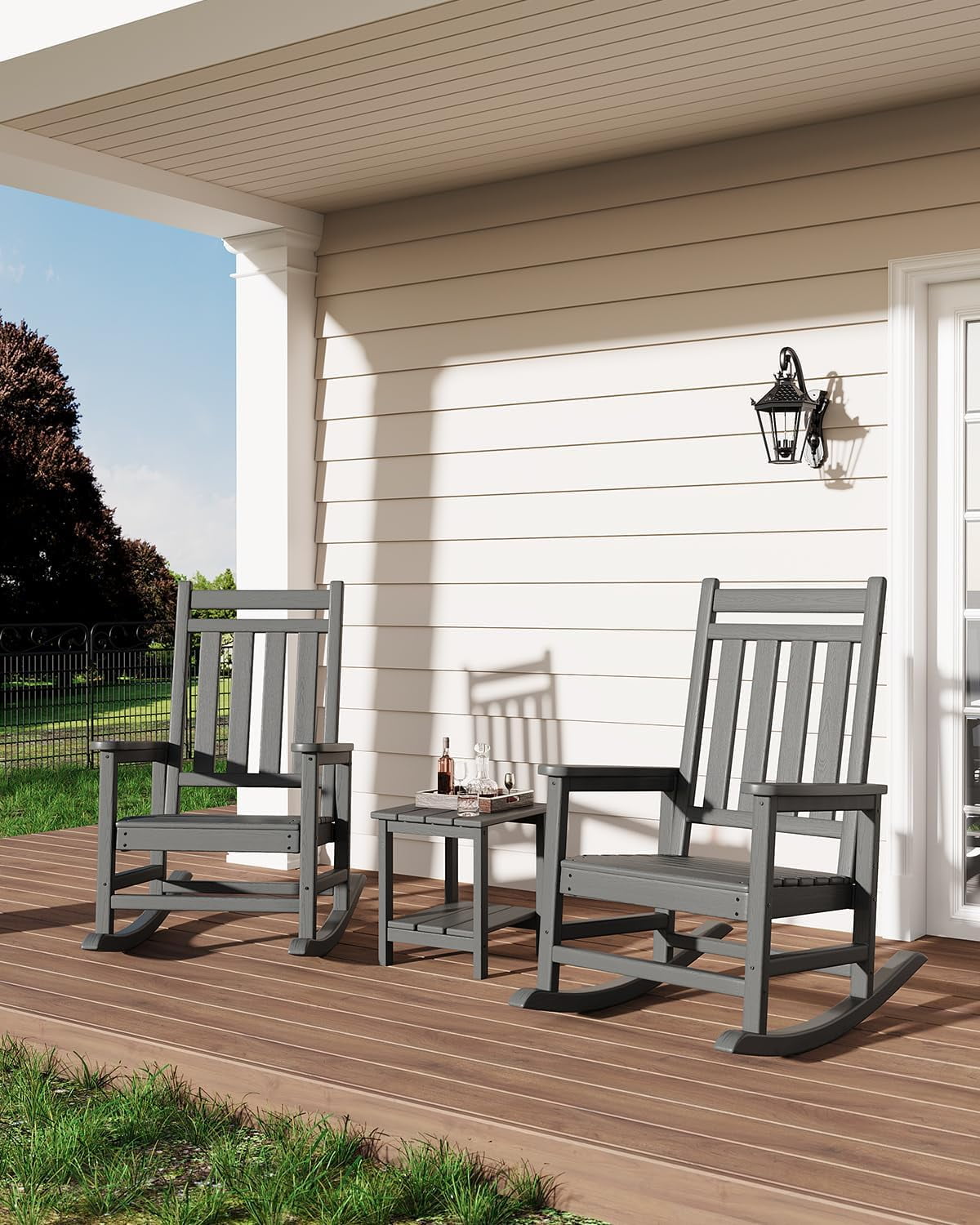 Rocking Adirondack Chair Outdoor, HDPE High Back Porch Rocker Chairs for Adults, All Weather Resistant Furniture for Patio, Gray