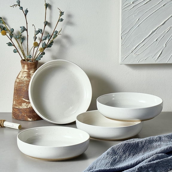 Set of 4, 34 oz Ceramic Salad Bowls, White Serving Plate, Wide and Shallow Bowl for for Fruits, Noodle, Dinner, Housewarming Wedding Christmas Dishwasher and Microwave Safe