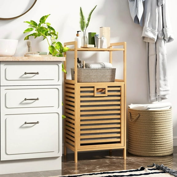 Harmijoy Tilt-out Laundry Hamper w/ 2-Tier Shelves & Tilt-out Basket Bamboo Organizer