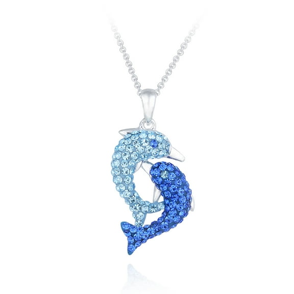 Silver Tone Blue Double Dolphin Necklace with Swarovski Elements