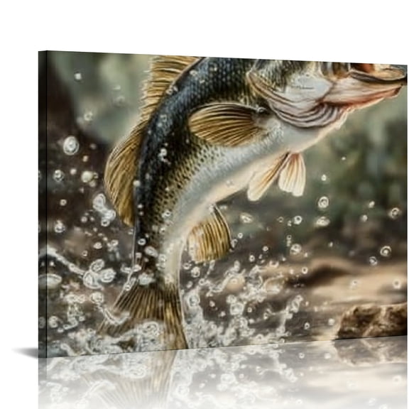 RKSupls Bass Fish Jumping Water Realistic Canvas Wall Art, Canvas Prints Wall Art for Living Room Bedroom Entryway Office, Art Print Painting for Home Decor