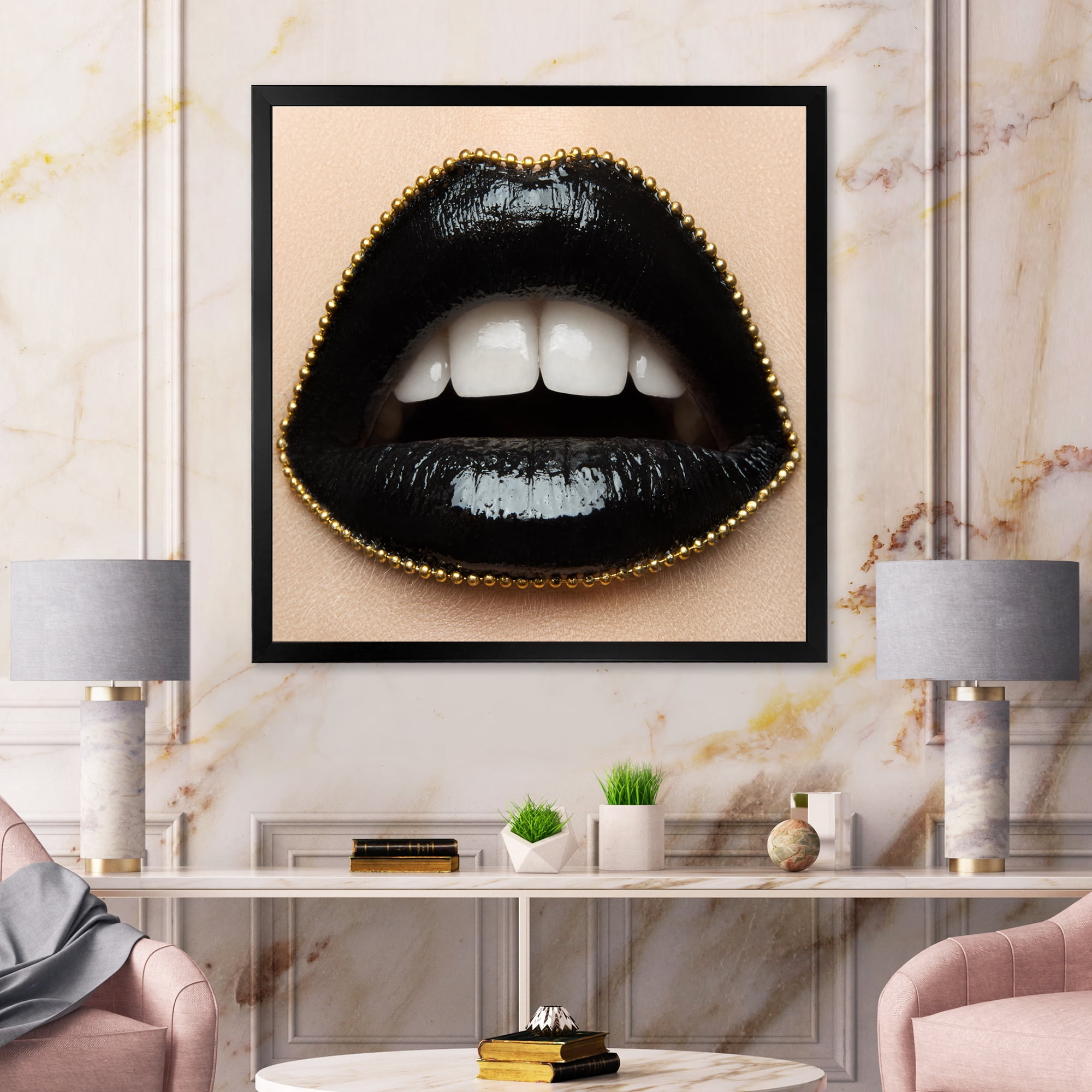 Designart 'Woman Lips With Black Lipstick & A Gold Chain' Modern Framed Art Print