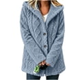 thumbnail image 3 of Women's Thick Warm Fleece Coat Hood Cardigan, Button Front Long Sleeve Loose Mid Length Winter Casual Loungewear Jacket Light Blue M, 3 of 8