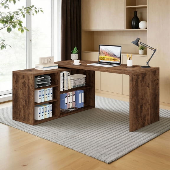 Paasyonmate 55" Reversible L‑Shaped Computer Desk with Storage Shelves for Home Office & Gaming, Rustic Brown