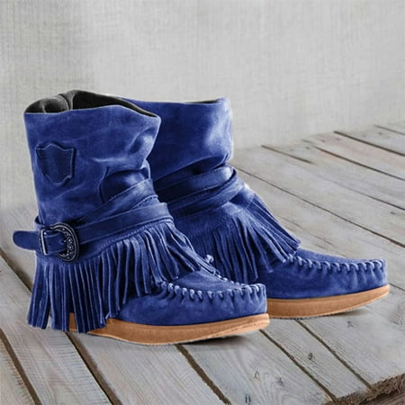 

Hunpta Boots For Women Fashion Casual Round Toe Retro Fringe Short Ankle Boots Flat Shoes