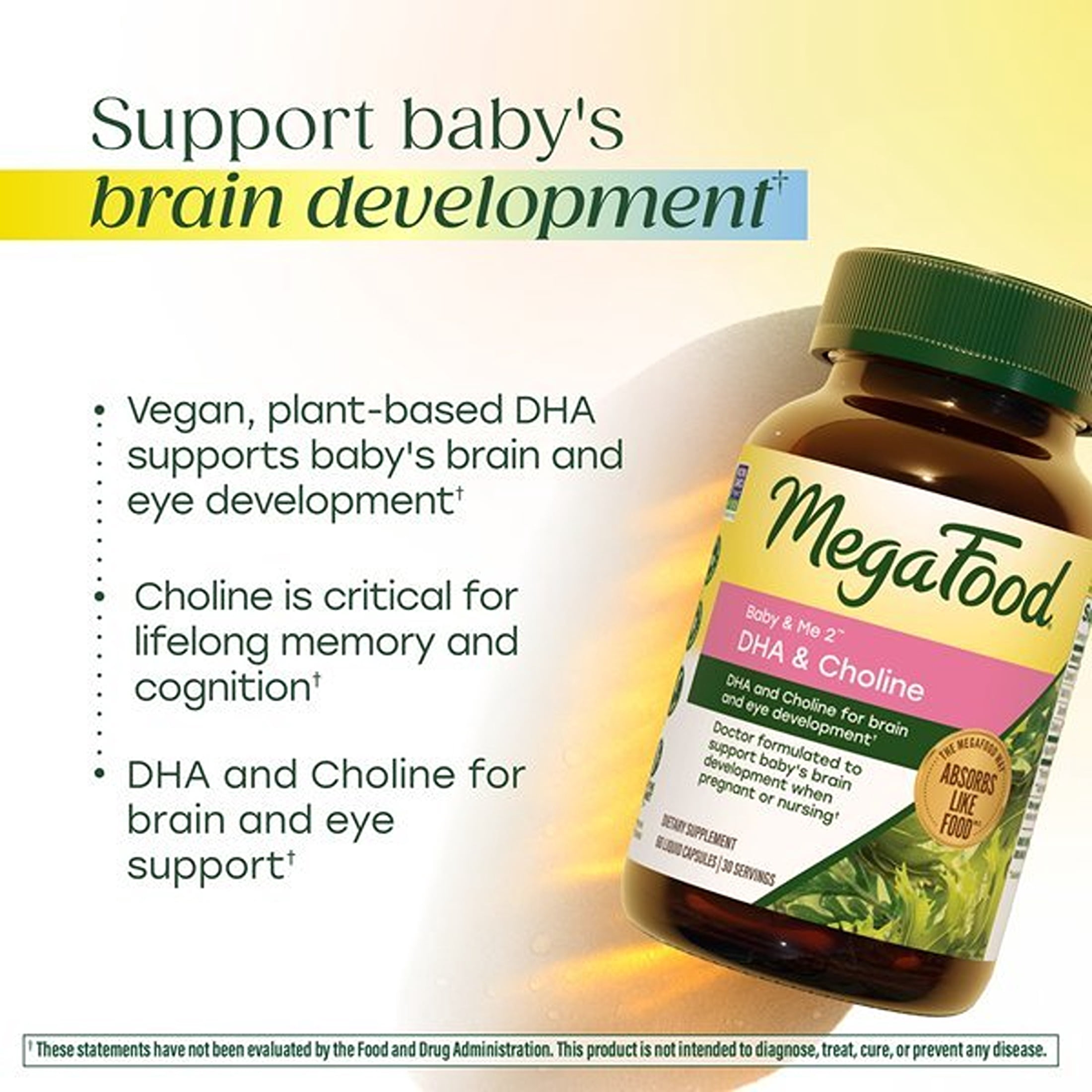 MegaFood Baby & Me 2 Prenatal Vitamins for Women, DHA & Choline Supplements, Liquid DHA and Choline for Baby's Brain and Eye Development During Pregnancy, Vegan, 60 Capsules (30 Servings)