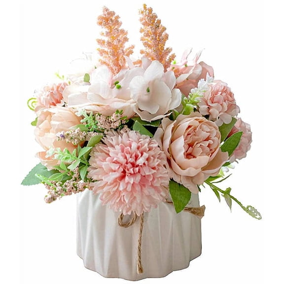 KIRIFLY Artificial Flowers Fake Silk Flower with Vase Flower Centerpieces for Wedding Decoration Table(Pink with ceramic vase)