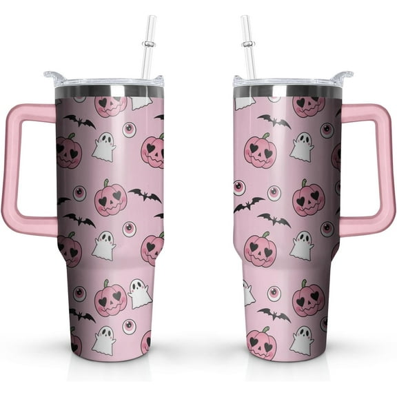 40oz Cute Pumpkin Ghost Halloween Tumbler with Handle and straw, Stainless Steel Insulated Cup, Spooky Pink Coffee Mug Water Bottle Gift
