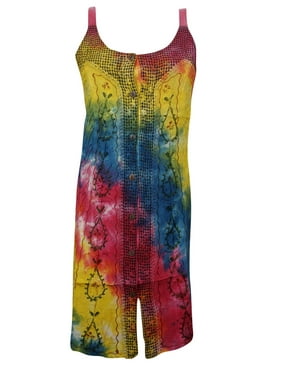 Mogul Women Tank Dress Multicolor Button Down Embroidered Summer Boho Dresses M