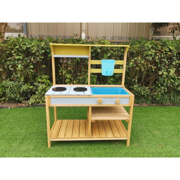 TROPOW Wooden Play Kitchen - Removable Sink & Faucet, Water Box, Stove Top, Storage Shelves, Indoor Outdoor Pretend Mud Kitchen for Toddler Age 3 , Toy Kitchen Set,Christmas Gifts for Kids