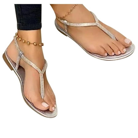 

Women s Slide Sandals - Rhinestone Dressy Bohemian Slip On Flat Sandals Cute Low Wedge Flip Flop Thong Summer Open Toe Sandal Shoes