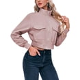 thumbnail image 2 of Long Sleeve Stand Collar Solid Women Zipper Bomber Jacket Motorcycle Crop Coat, 2 of 6