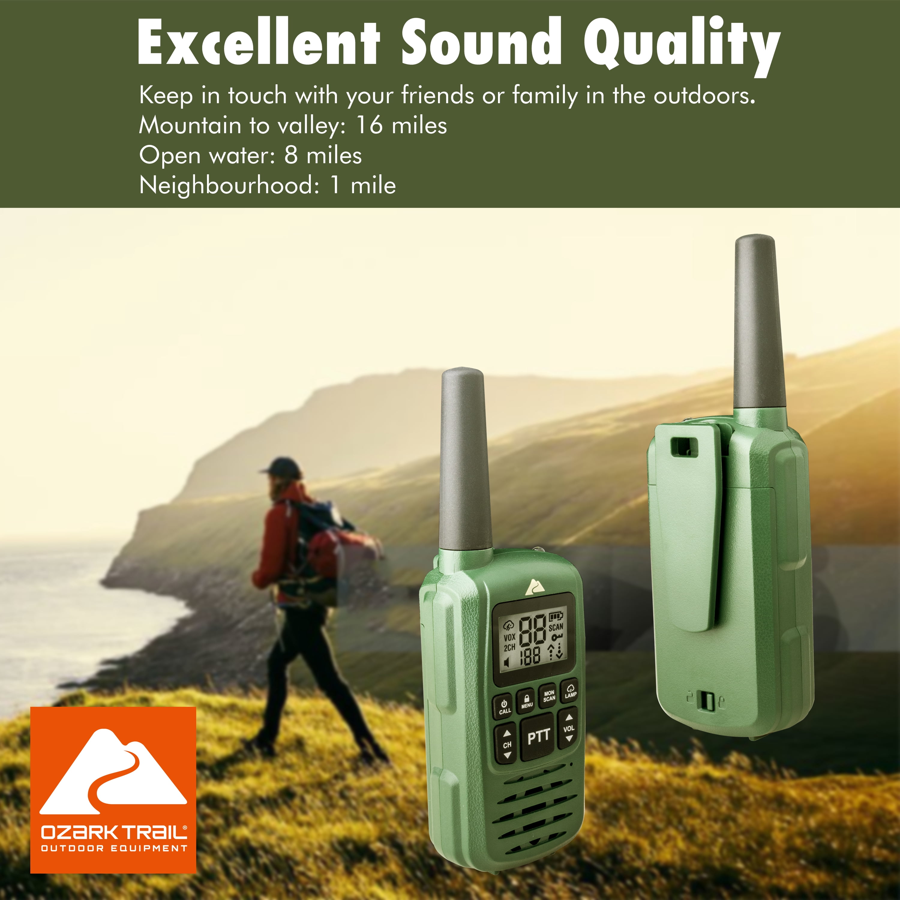 Ozark IPX4 Weatherproof 22-Channel Two-Way Walkie Talkies, 2 Pack