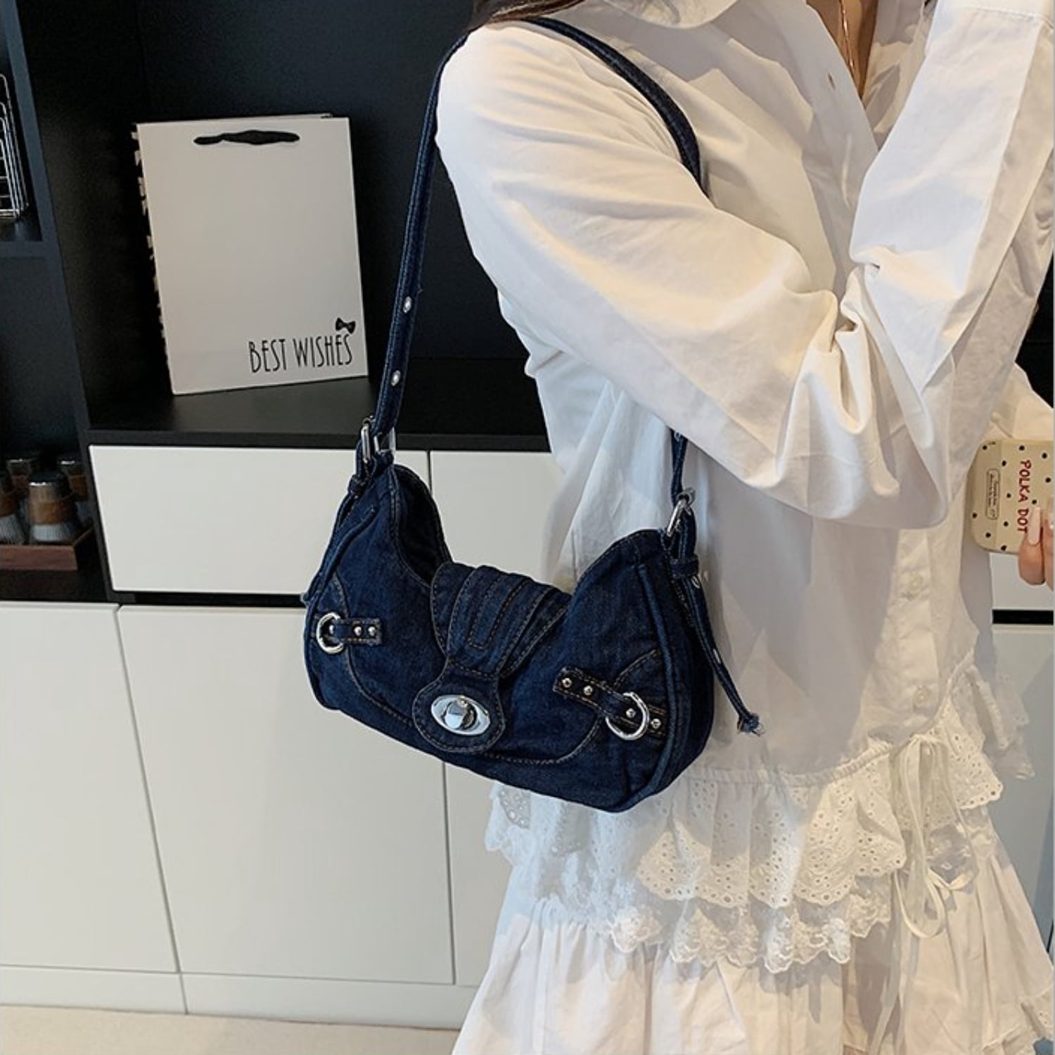 Women's Denim Crescent Shoulder Bag - Y2K Vintage Hobo Handbag, Trendy Mini Crossbody Purse for Girls, Casual Satchel with Adjustable Strap