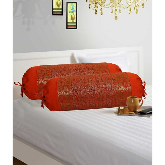 Stylo Culture Indian Polydupion Cylindrical Tube Pillow Bolster Pillow Covers Orange Jacquard Brocade Border Paisley Large Couch Round Cylinder Cushion Covers (Set of 2) | 30x15 Inches (76x38 cm)