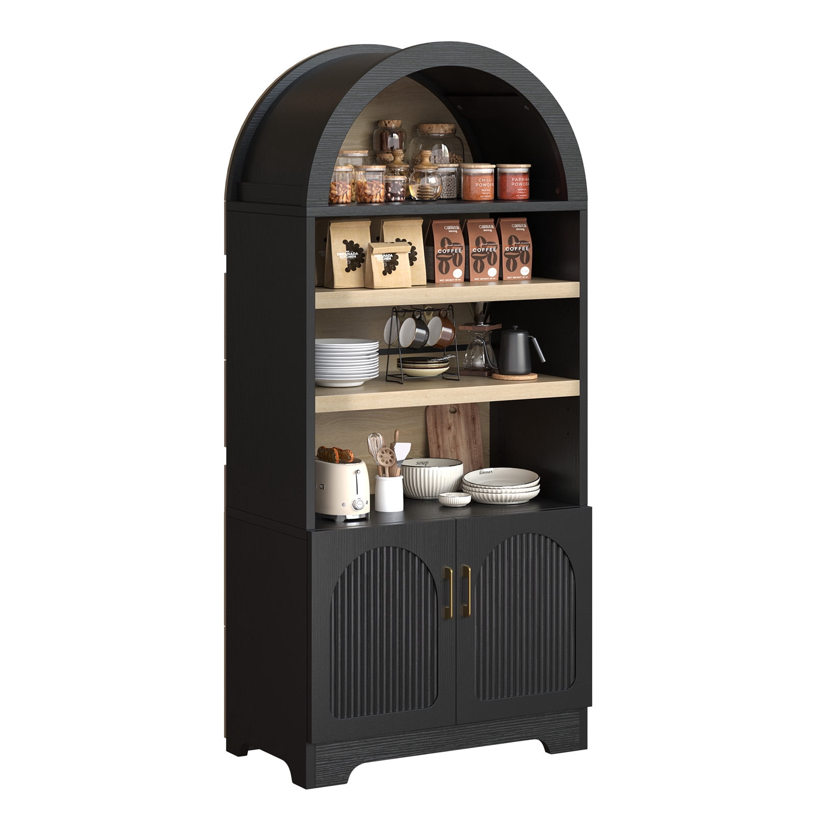 Bestier 71" Tall Kitchen Pantry Storage Cabinet, 4-Tier Arched Bookshelves with 3 Adjustable Shelves & 2 Doors, Display Shelf with Storage for Living Room Home Office, Black