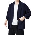 thumbnail image 4 of Haseil Cárdigan tipo kimono para hombre, chaquetas japonesas, algodón informal, camisa de manga 3/4, abrigo frontal abierto, lino ligero, Yukata, azul marino, talla 2XL = talla L, 4 of 5