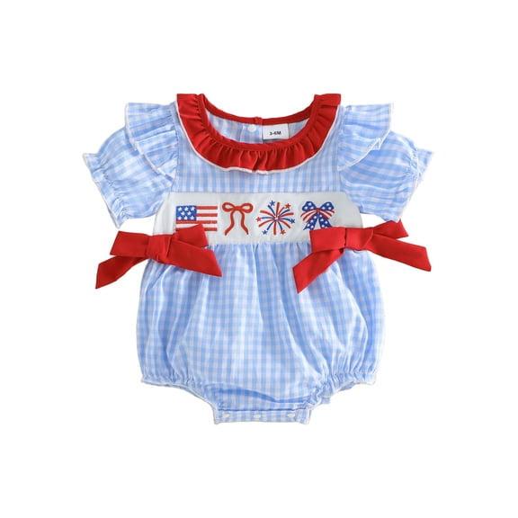 Baby Girls 4th of July Outfit Flag Firework Embroidery Short Sleeve Crew Neck Plaid Romper Ruffle Bowknot Bubble Bodysuit Summer Memorial Clothes