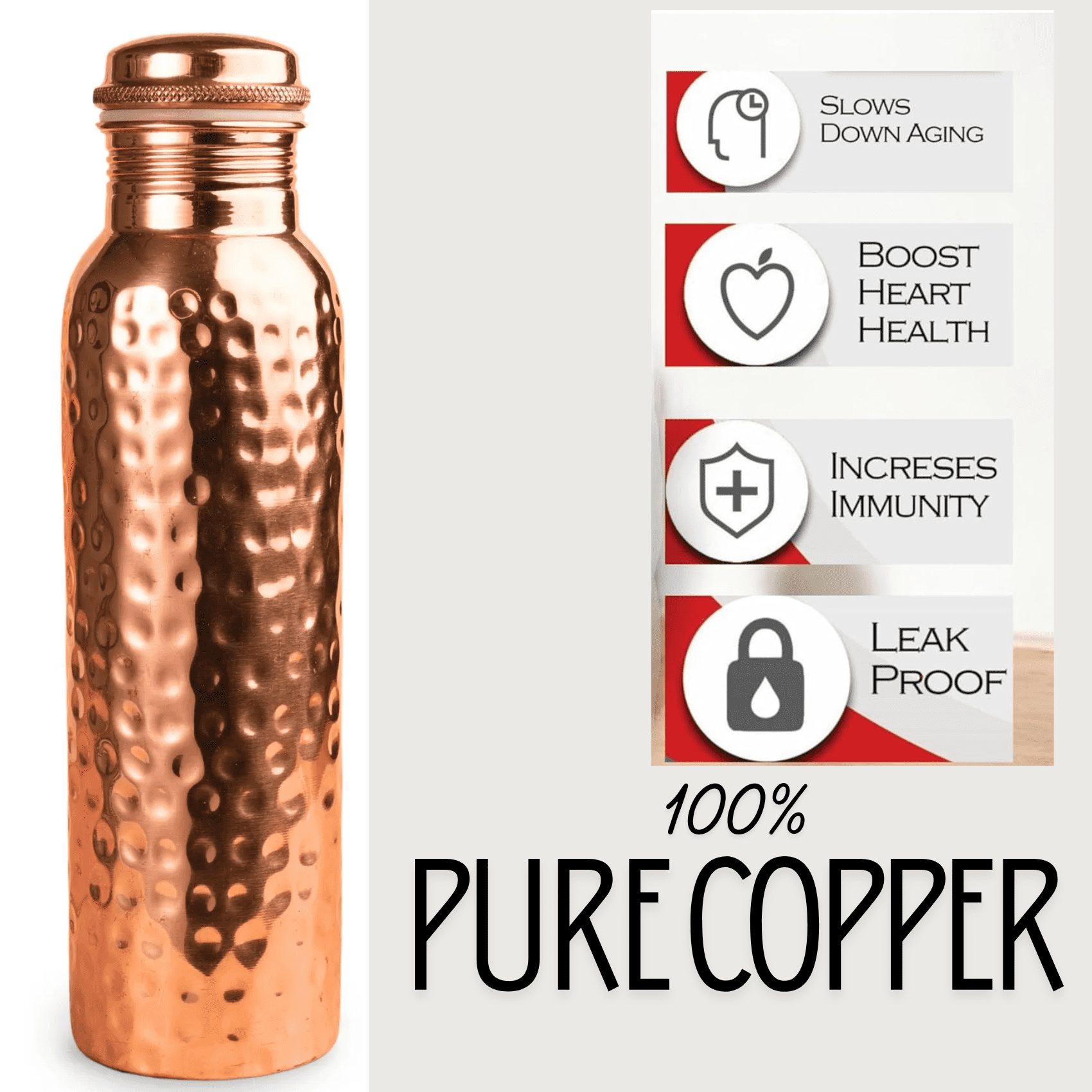 34oz Pure Copper Water Bottle for Drinking – Leak Proof Lid – 1000 mL Ayurvedic Hammered Copper Water Bottle
