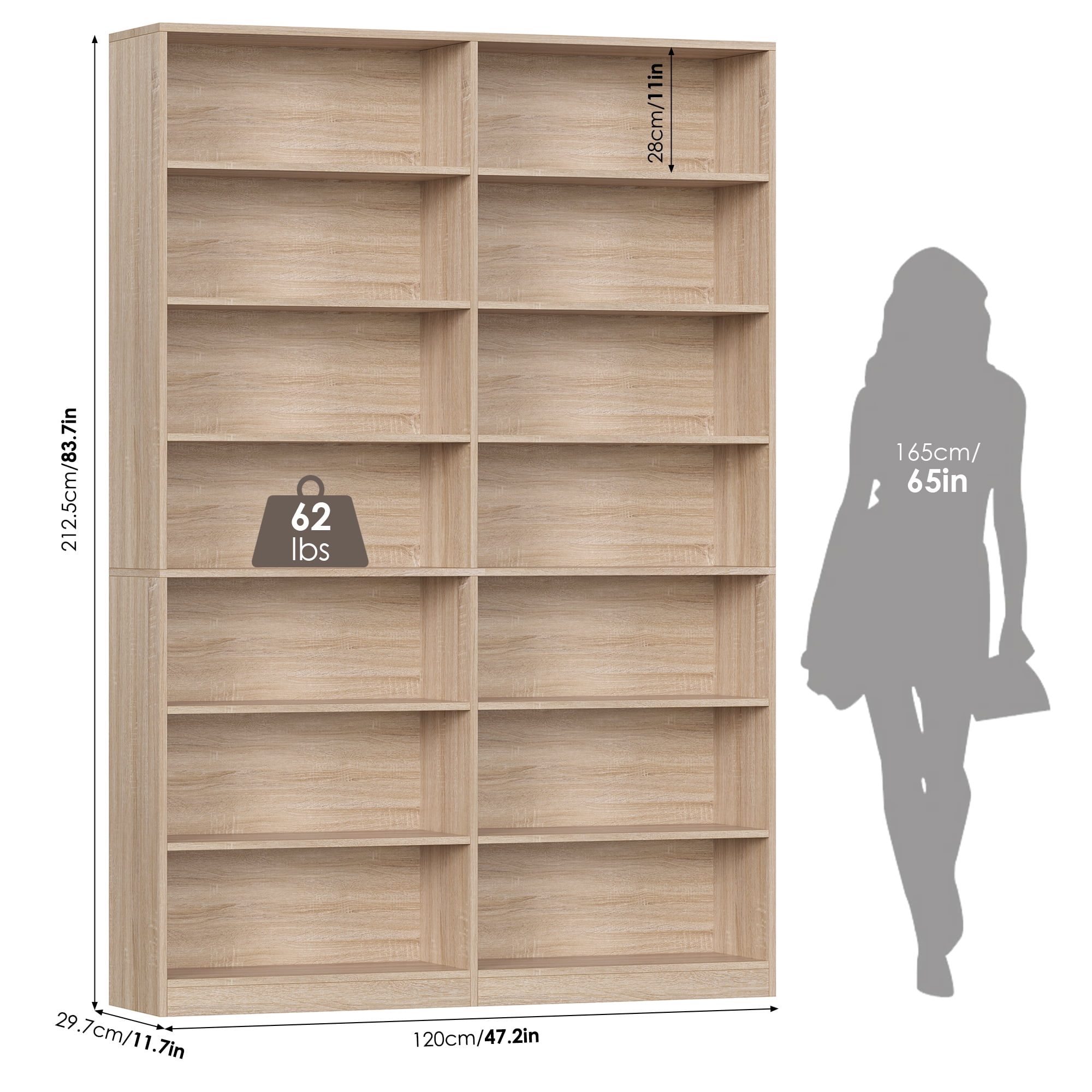 Hiphuta 84" Tall Double Wide 7-Tier Bookcase with 14 Cubes, Large Open Bookcase for Home Office and Living Room, Freestanding Display Book Shelves, Light Oak