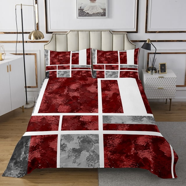 Erosebridal Abstract Sqare Coverlet Set King,Gradient Rectangle Bedding Set,Geometric Plaid Bedspread Sets King Size,Ultra Soft Buffalo Bedroom Decoration,3 Pieces