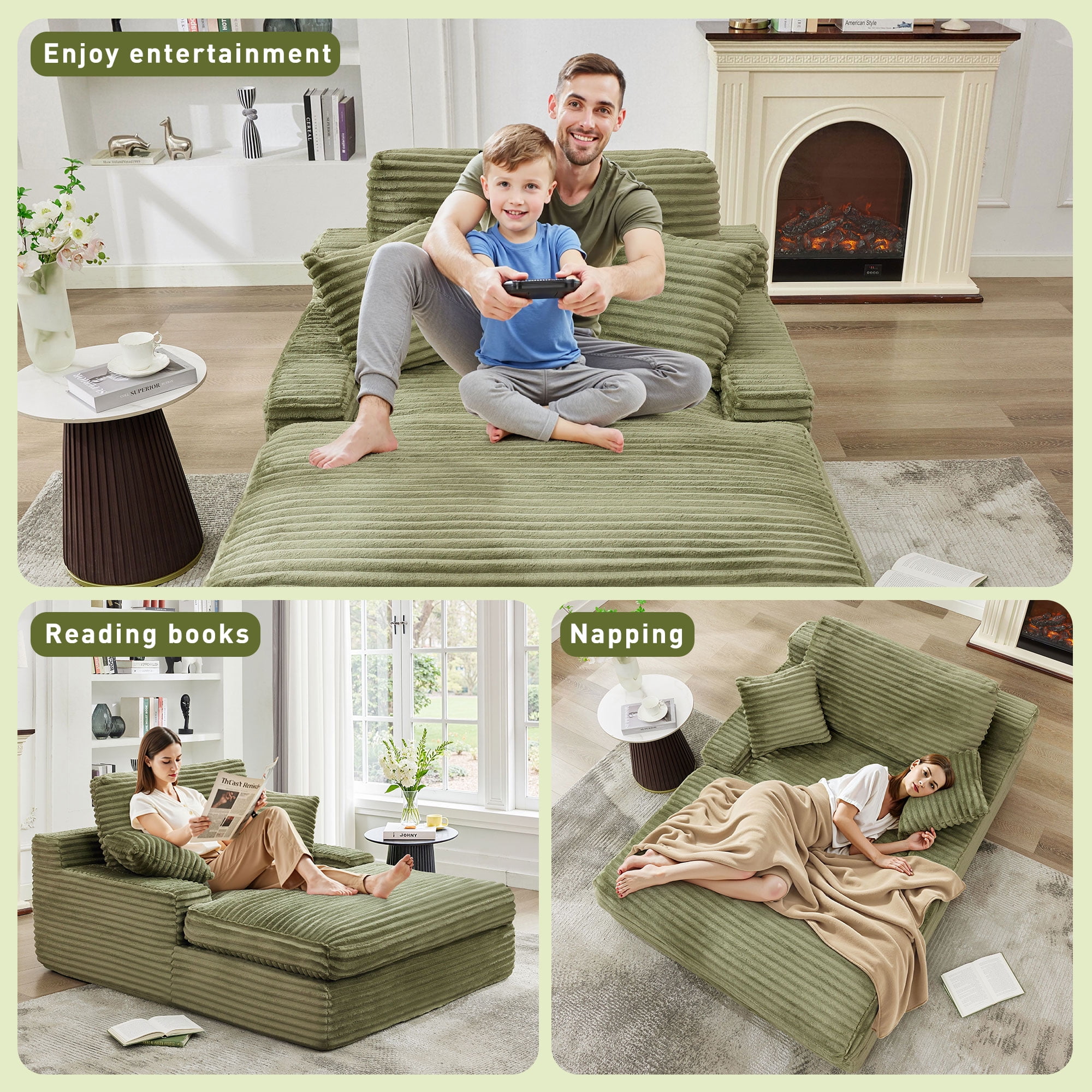 BedLuxury 73''x55'' Oversized Chaise Lounge Chair, Cloud Faux Fur Upholstered Sofa Bed Cozy Sleeper Couch for Living Room, No Assembly Required, Green