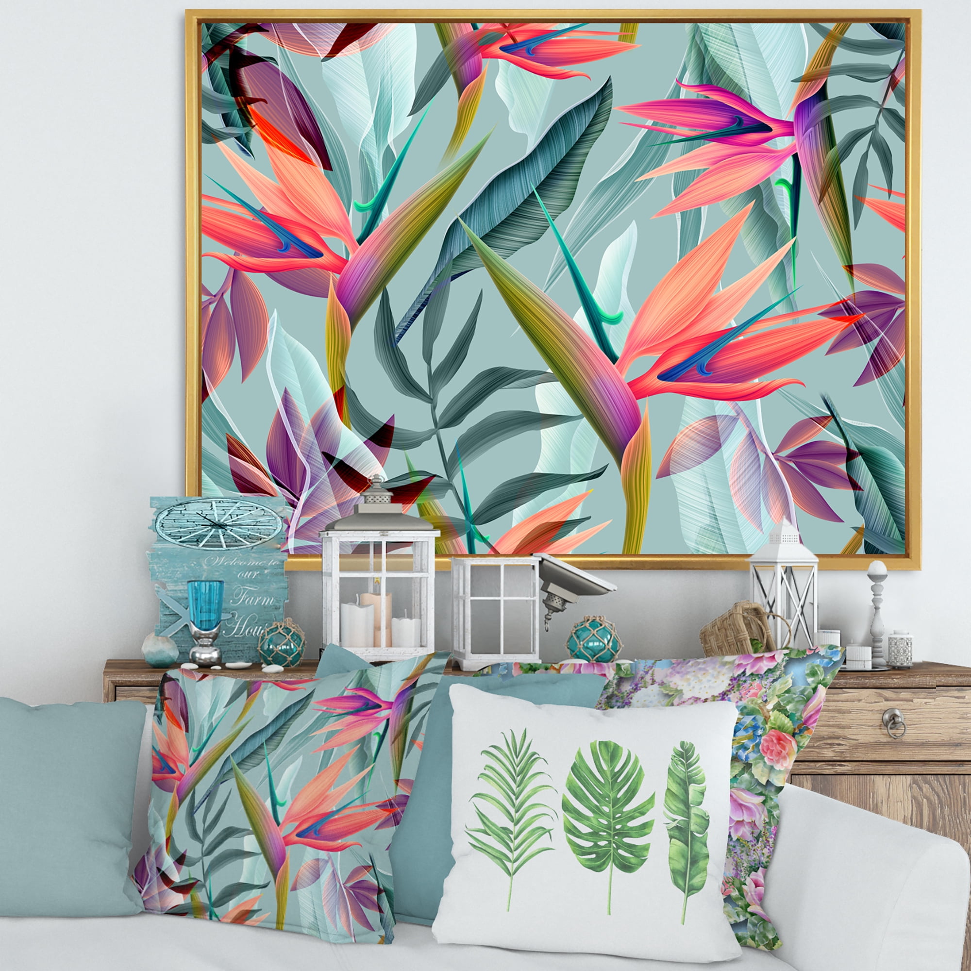 Designart 'VIntage Tropical Flowers V' Traditional Framed Canvas Wall Art Print