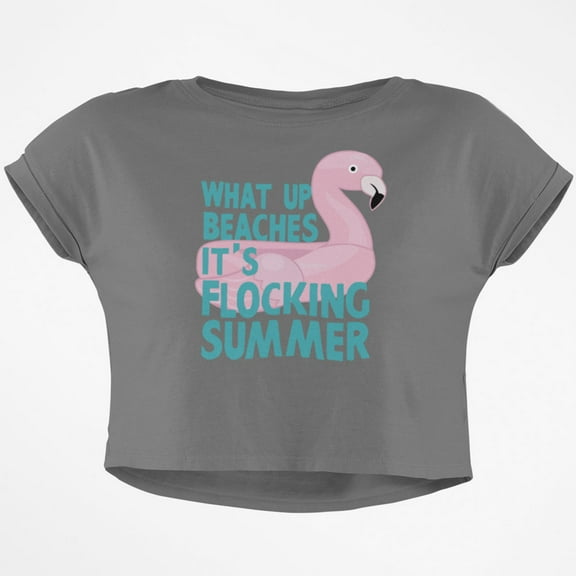 Flamingo What Up Beaches It's Flocking Summer Funny Pun Junior Boxy Crop Top T Shirt