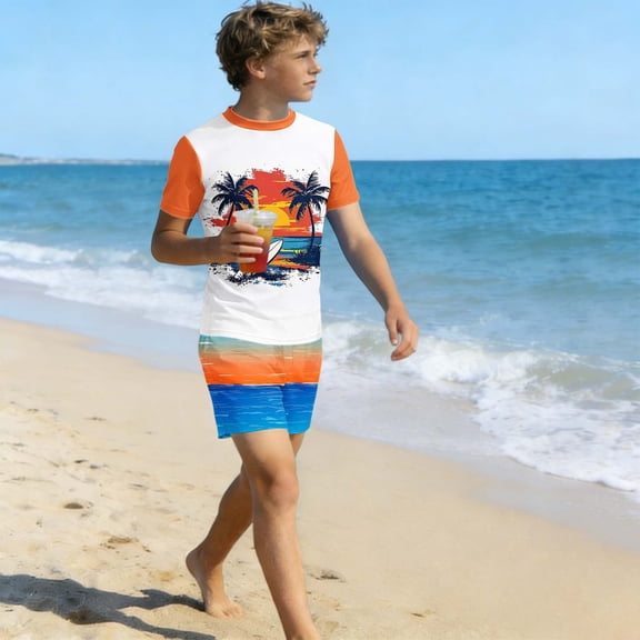 Fnooota Boys Rash Guard Swimsuits 2 Piece, Vacation Short Sleeve Summer Boys'Swimwear Kids Bathing Suits Multicolor Size 12