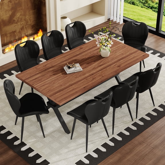 StnTalk 9 Piece Dining Table Set for 8, 73" Large Kitchen Table with Metal Cross Legs & Wide Seat PU Leather Chairs for Dining Room