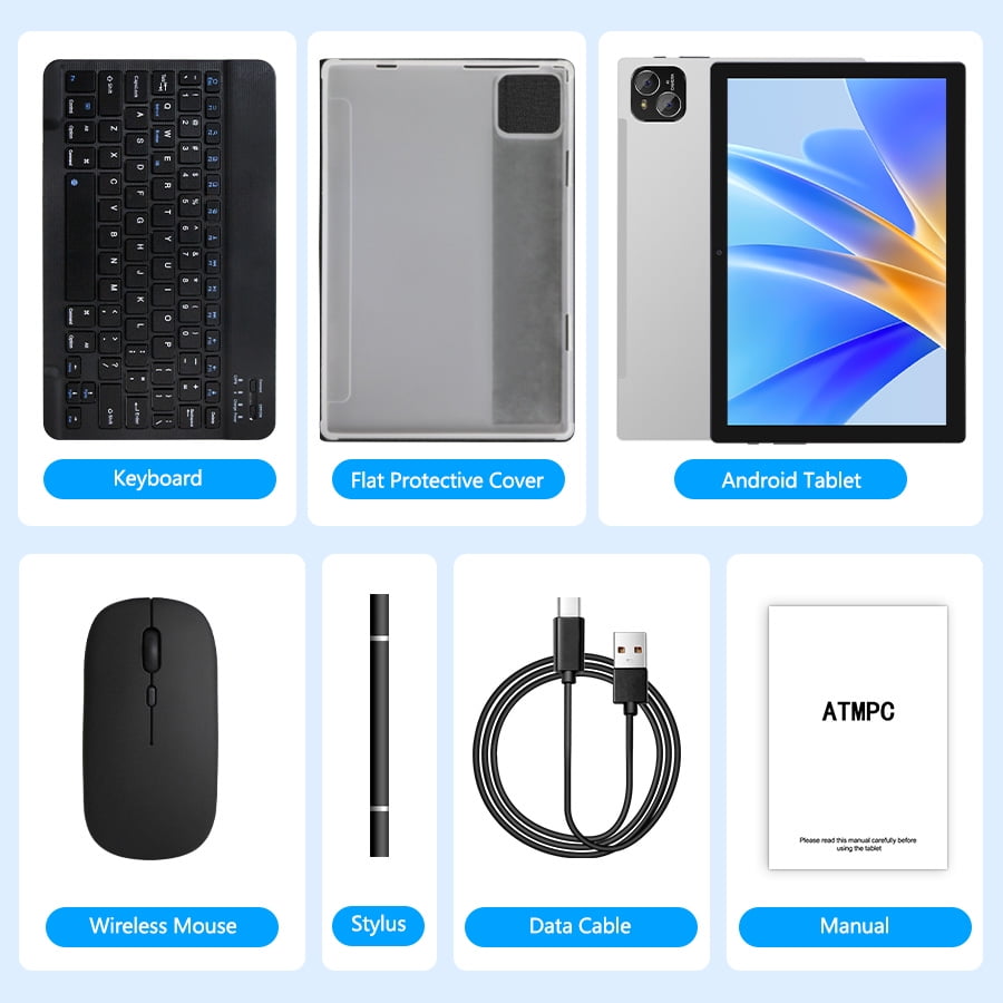 ATMPC Tablet, Android 14 Tablets 10 Inch, 12(4+8)GB RAM 128GB ROM, 1TB Expandable, Octa-Core Tablet with Keyboard, Mouse, Stylus, 1280 * 800 IPS, 6000mAh Battery, WiFi 6,BT 5.4, Dual Camera