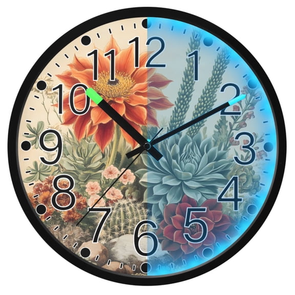 Ryvnso Cactus Flower 12 Inch Night Light Wall Clock Silent Battery Operated Luminous Clocks