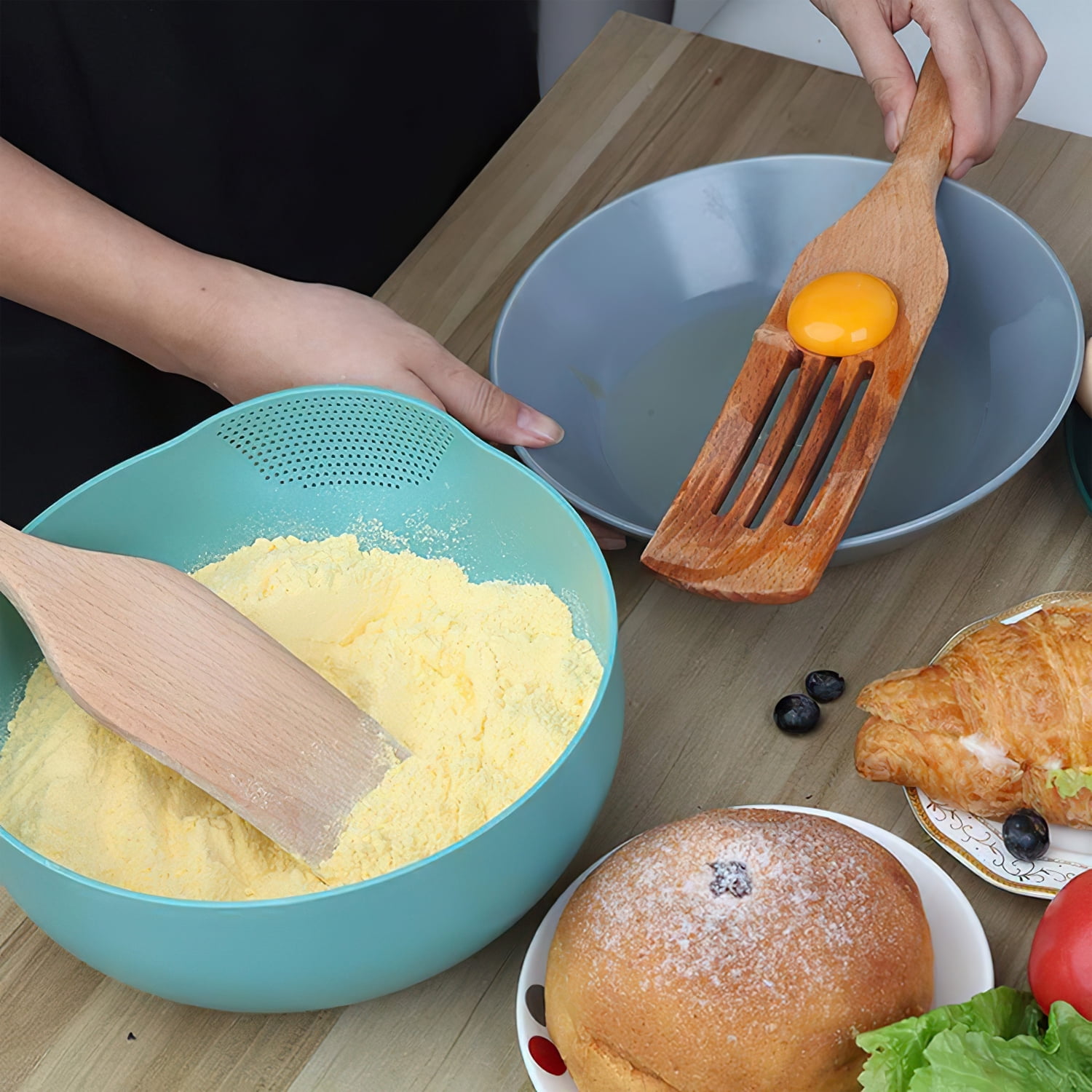 Wood Kitchen Spatula Set, 4pcs Natural Teak Wooden Spoons Non Stick Cookware Utensil Set for Cooking
