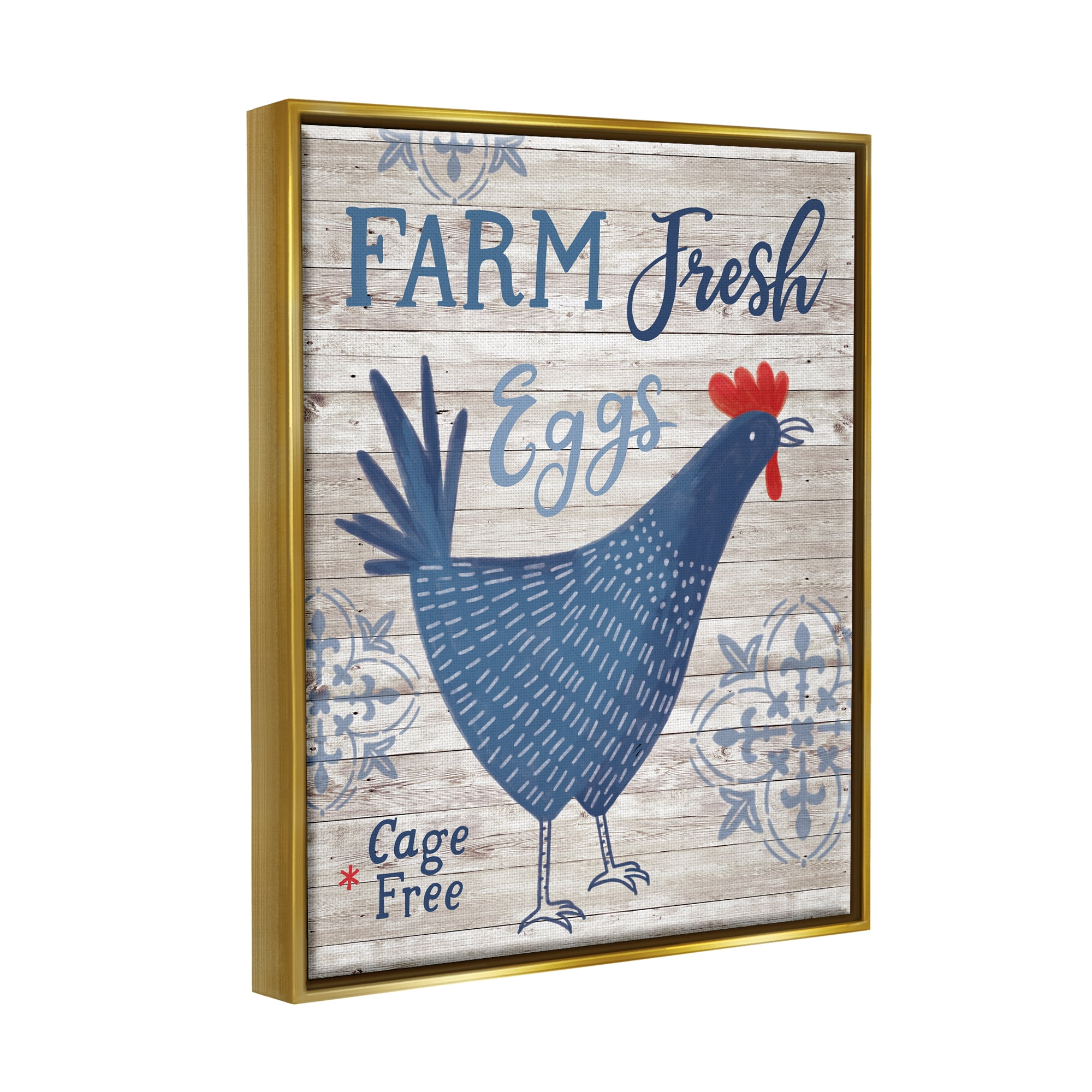 Stupell Industries Farm Fresh Eggs Blue Rustic Chicken Planked Pattern Graphic Art Metallic Gold Floating Framed Canvas Print Wall Art, Design by Nina Seven