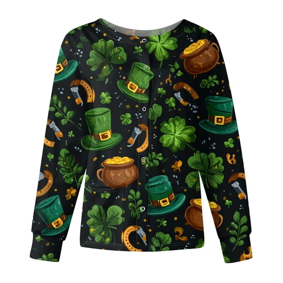yuCgh Women's St. Patrick's Day Printed Long Sleeve Stand Collar Work Top, Single Breasted Nursing Jacket, Casual Uniform,Army Green L
