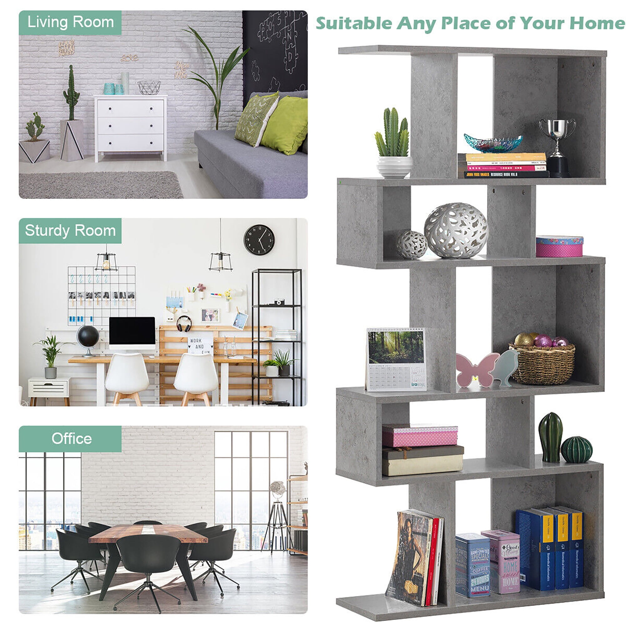 Gymax 2 PCS 5 Cubes Ladder Shelf Freestanding Bookshelf Display Rack Bookcase Grey